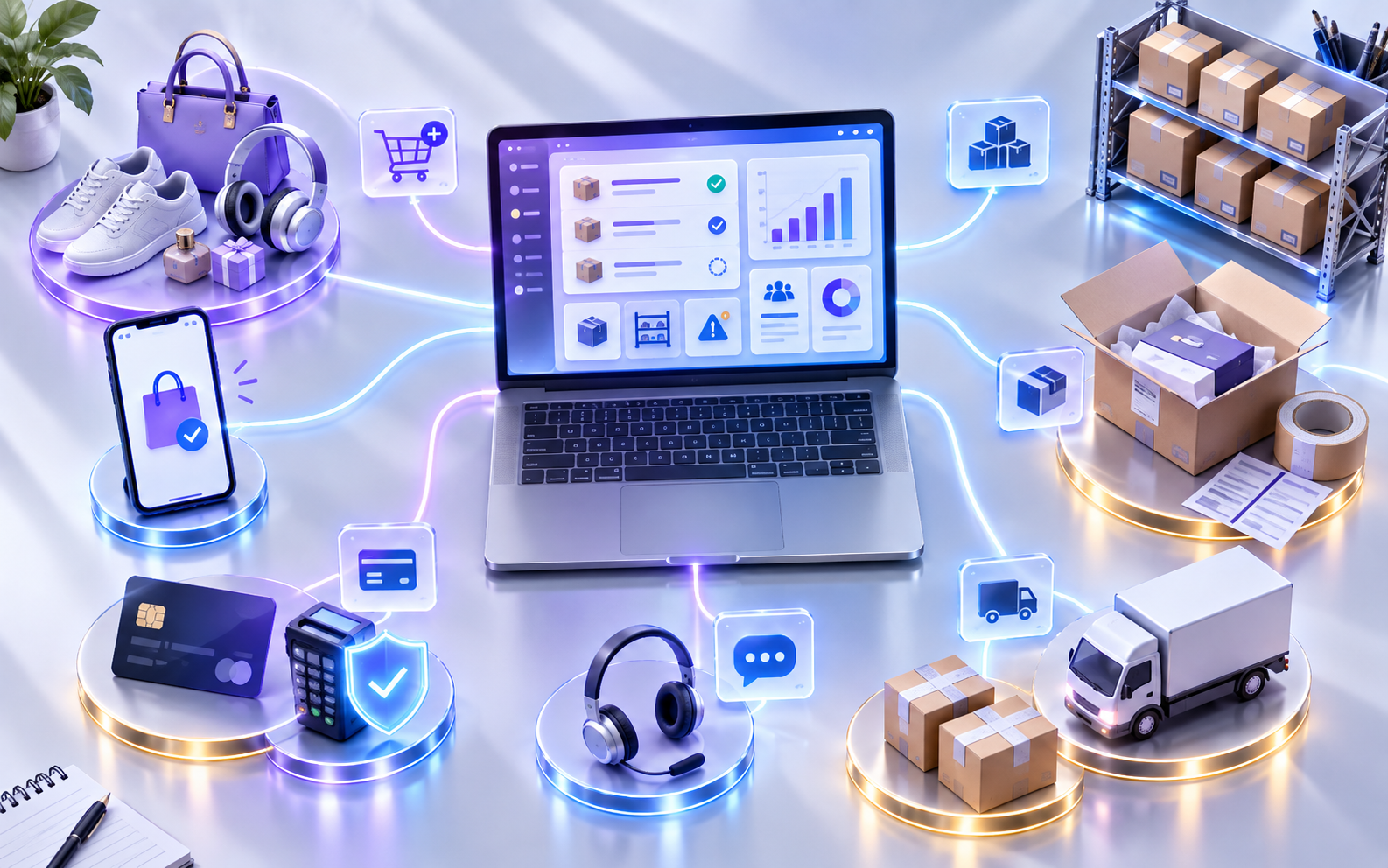 Online store operations connecting orders, payments, inventory, shipping and customer service
